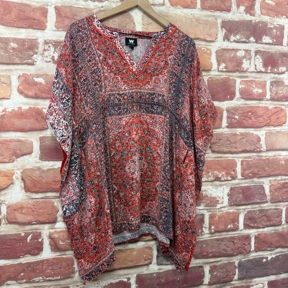 W By Worth Kimono Top Women's Small Red Multicolor Floral Casual Popover Shirt - Picture 2 of 9